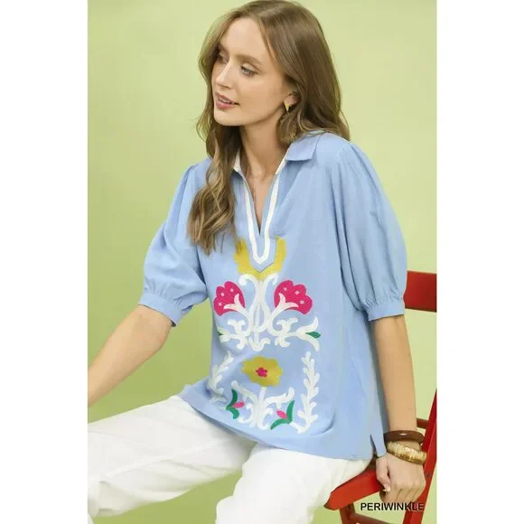 Umgee Mixed Media V-Neck Print Blouse - Picture 2 of 5